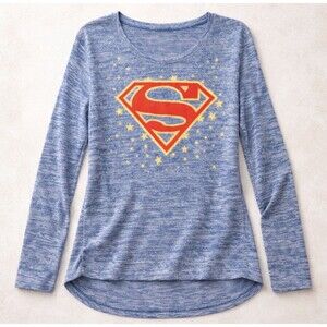 Superman Womens Heather Blue Gold Stars Long Sleeve Pullover Top Size 11-13/L